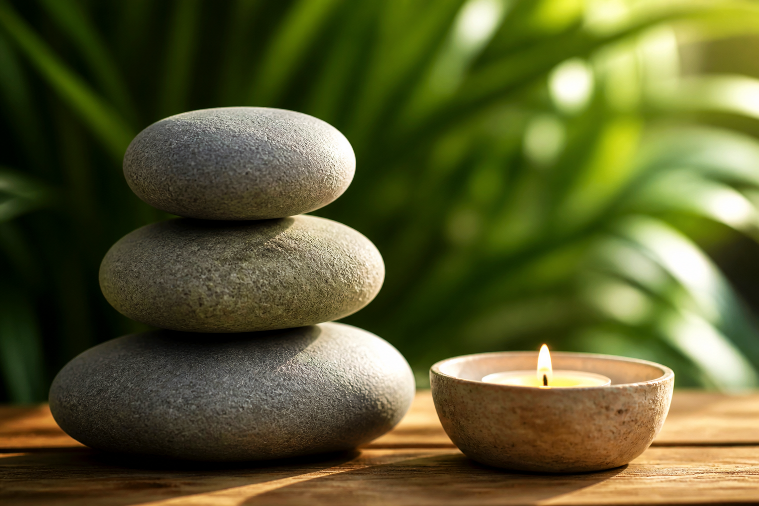 Stacked zen stones beside a lit candle